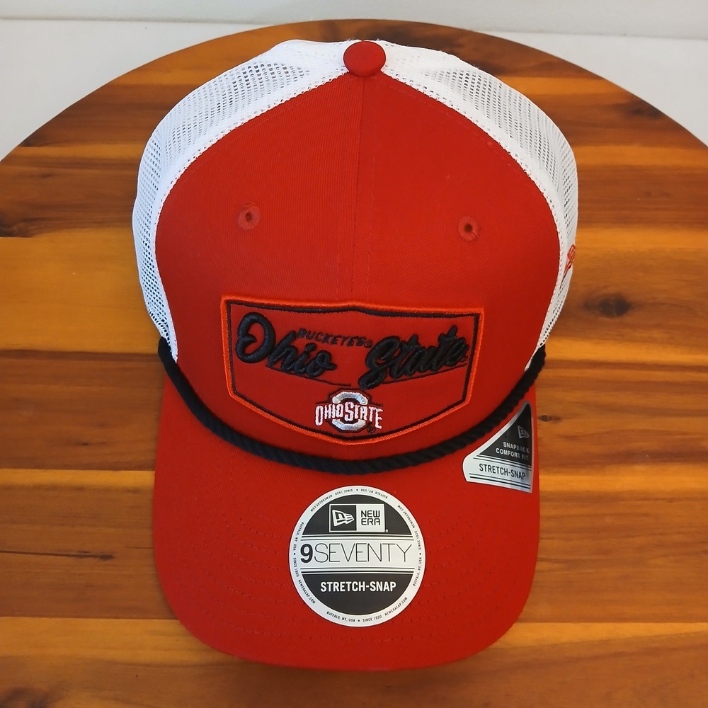 Ohio State Buckeyes Hat Cap New Era 9SEVENTY Stretch-Snap Trucker Red Rope Mesh